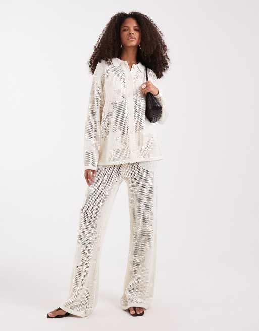 Pretty Lavish open knit floral oversized shirt and pants set in cream, 2 of 3