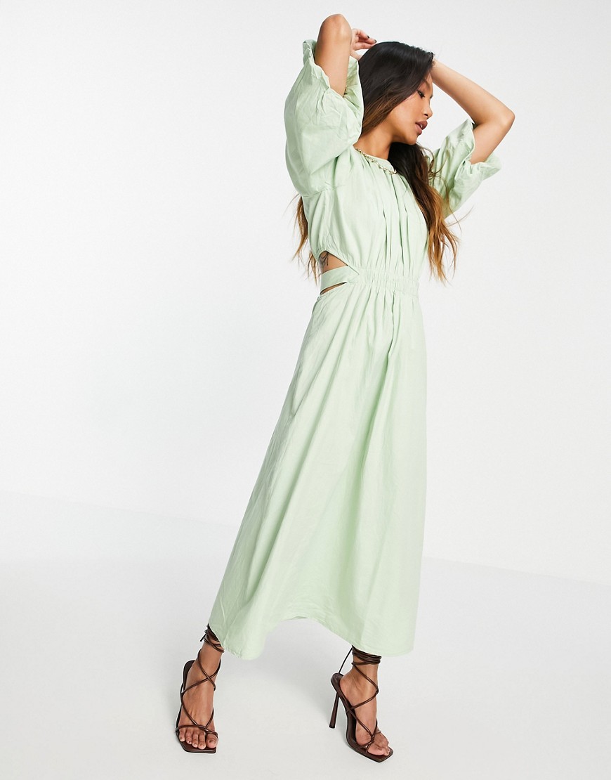 Pretty Lavish organic cotton cut out waist midaxi dress in pastel green