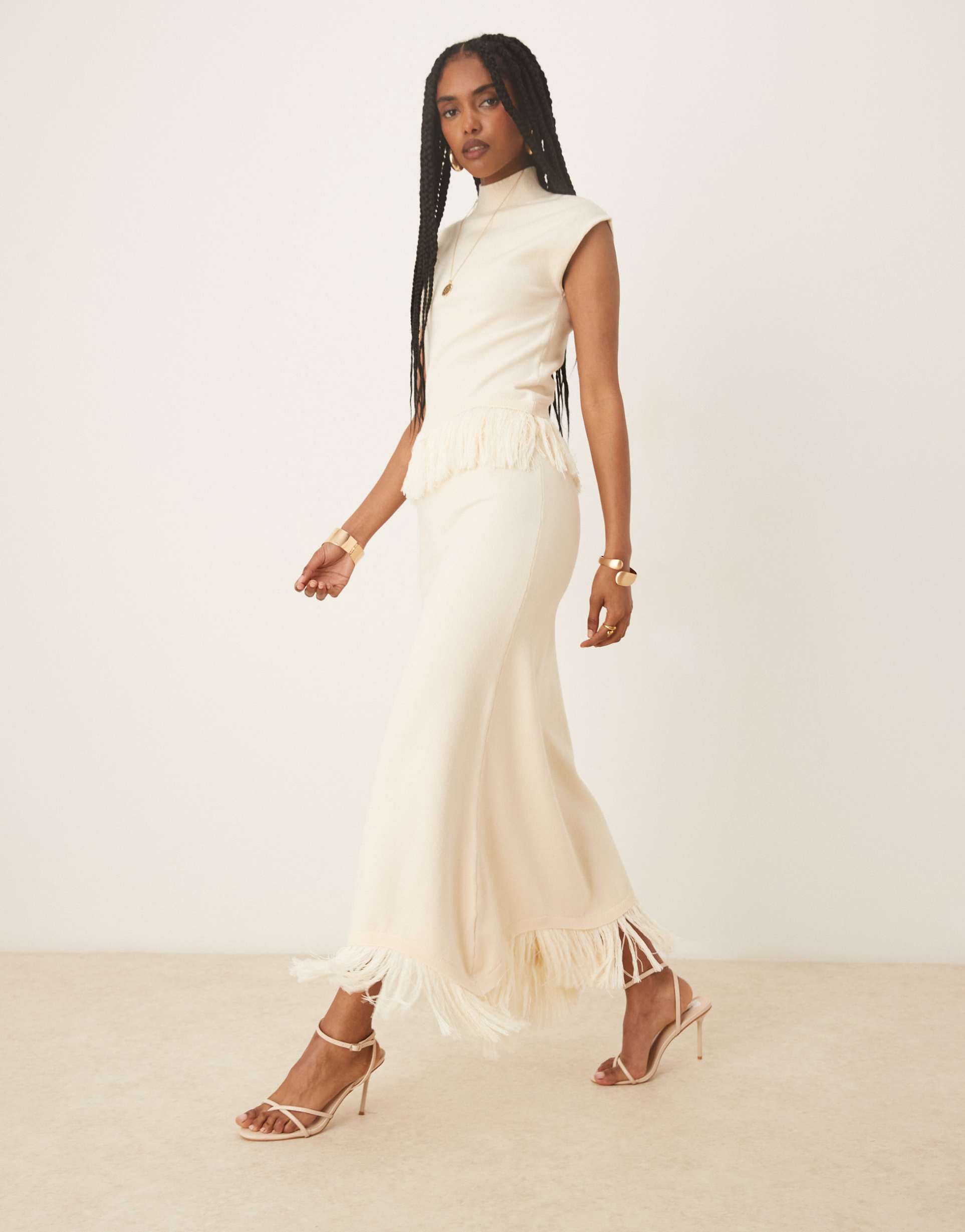 pretty lavish orlendina fringe skirt in cream - part of a set