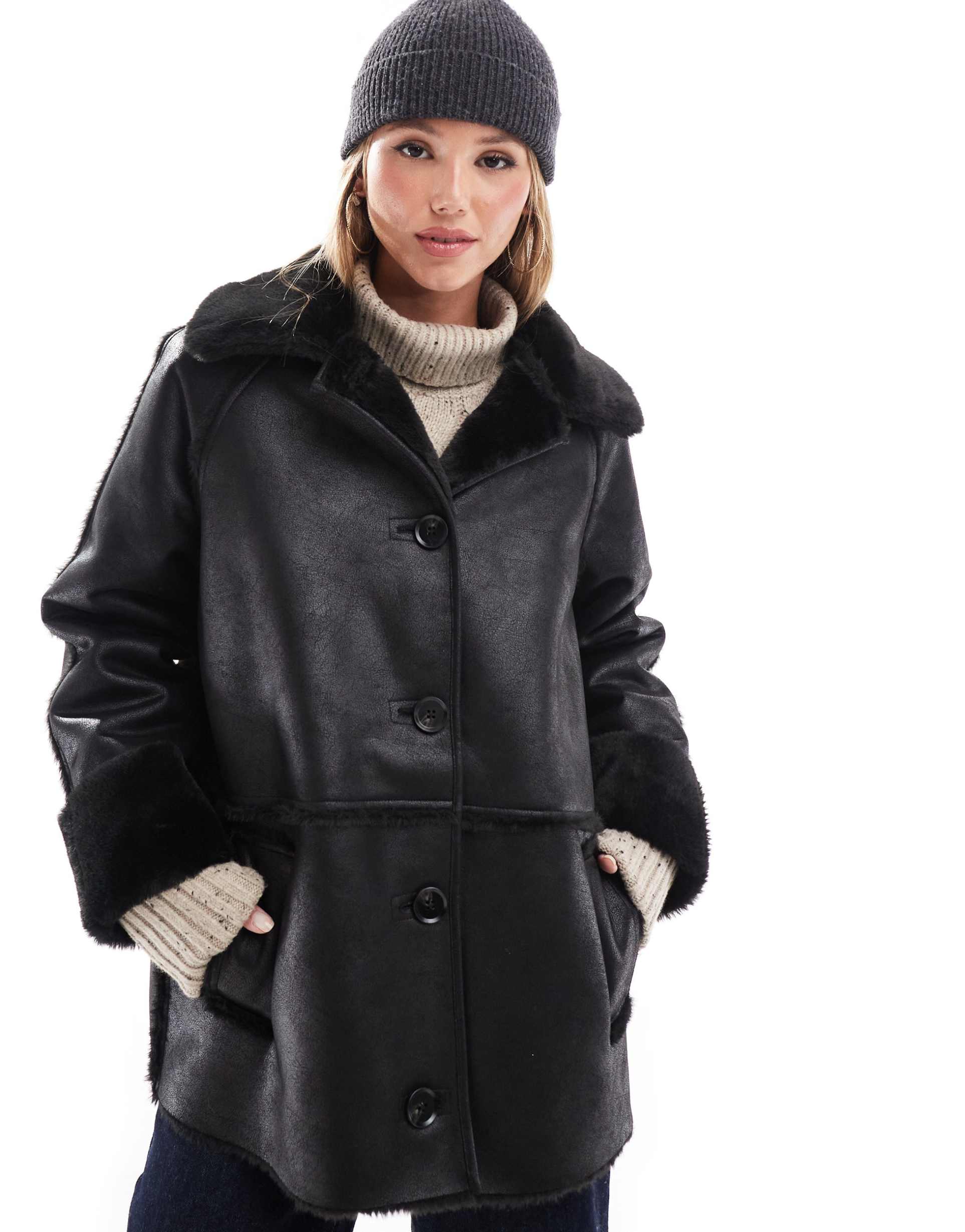 pretty lavish oversized aviator coat in black