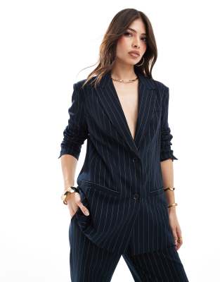 oversized boxy blazer in navy pinstripe - part of a set-Blue