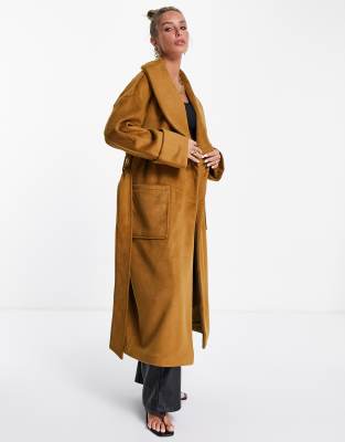 Pretty Lavish oversized collar smart wrap tie coat in camel