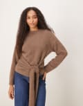 [Pretty Lavish] Pretty Lavish oversized fluffy tie waist jumper in mushroom-Brown S BROWN MUSHROOM