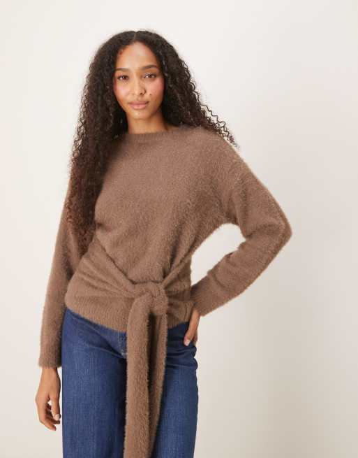 Pretty Lavish oversized fluffy tie waist jumper in mushroom