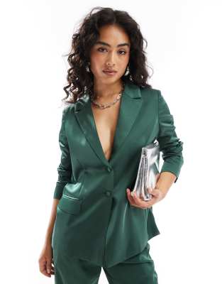 Pretty Lavish Oversized Satin Blazer In Emerald - Part Of A Set-green In Green