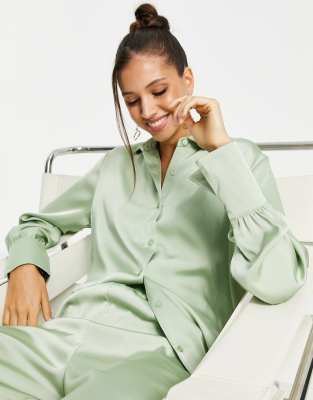 Pretty Lavish oversized satin shirt co-ord in mint - ASOS Price Checker