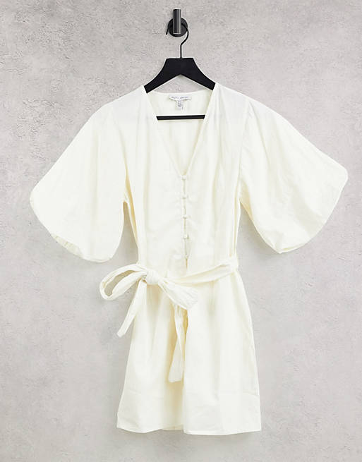 Pretty Lavish oversized sleeve tie waist mini dress in white