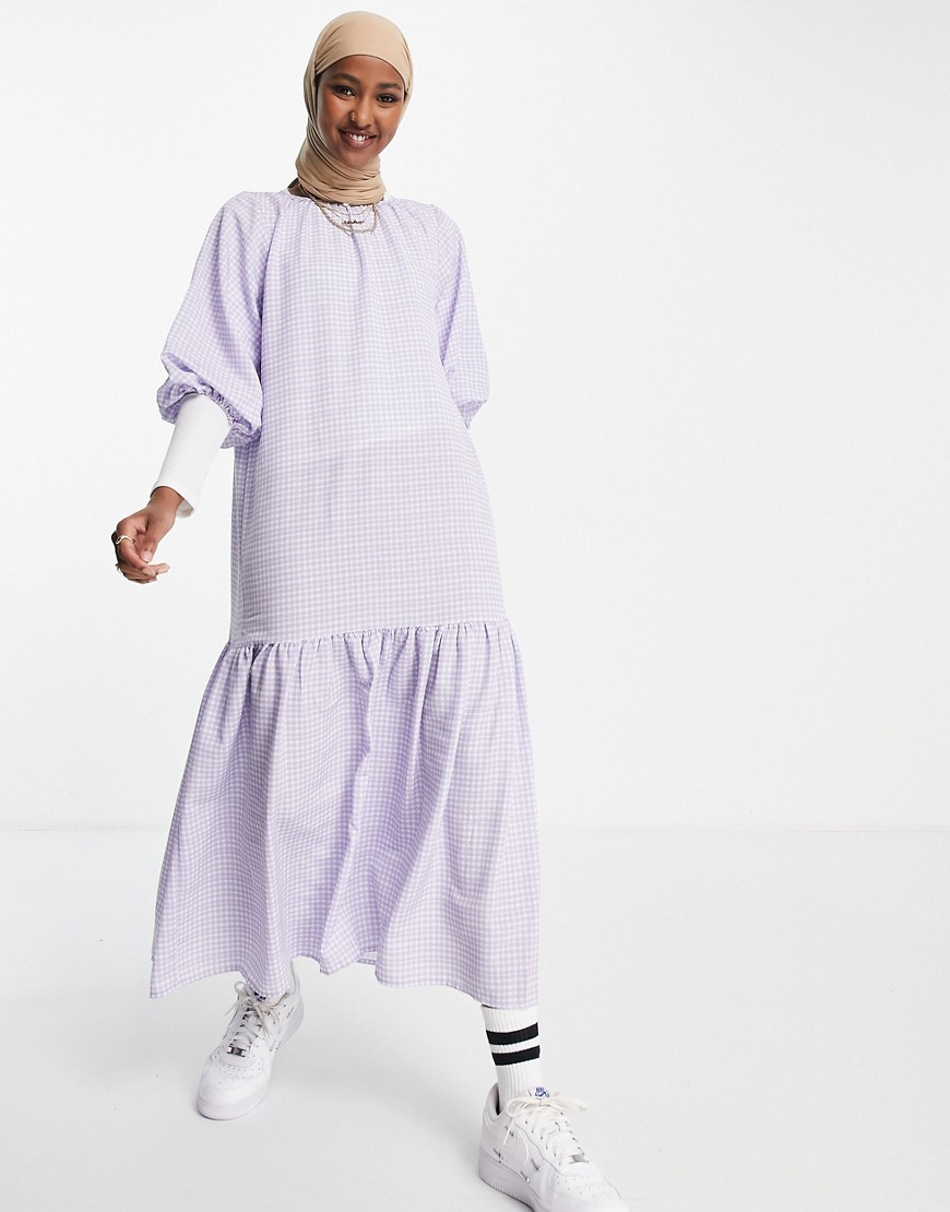 Pretty Lavish oversized sleeve tiered midi dress in lilac gingham-Purple