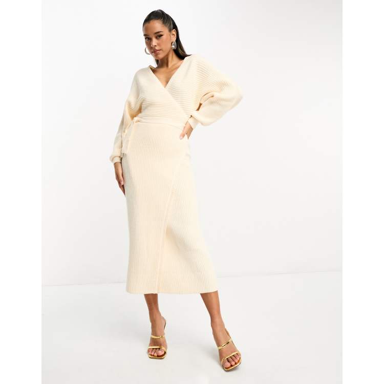 cream sweater wrap dress Pretty Lavish oversized wrap knit midi dress in cream