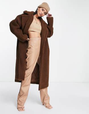 Pretty Lavish oversized wrap tie boucle teddy coat in brown