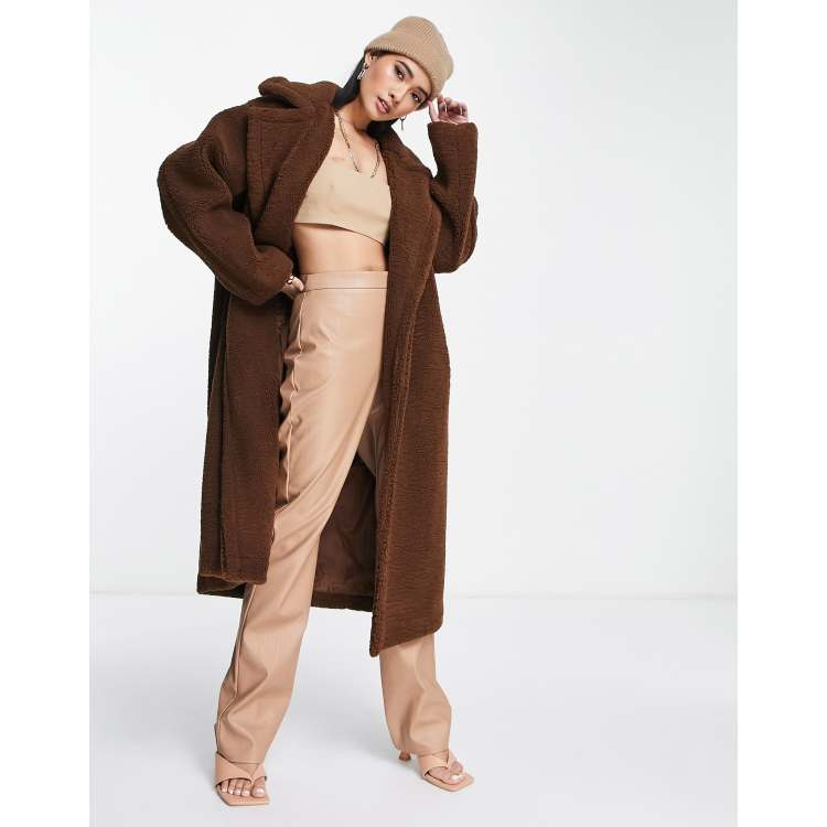Pretty Lavish oversized wrap tie boucle teddy coat in brown ASOS