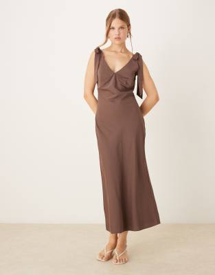 Pretty Lavish Piper Bow Shoulders Maxi Dress In Brown