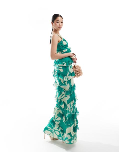 Pretty Lavish - Piper - Vestito lungo verde giada acceso a fiori con volant - In esclusiva per ASOS - view 1