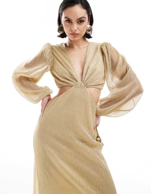 Pretty Lavish - Plissé maxi jurk met ballonmouwen in goud