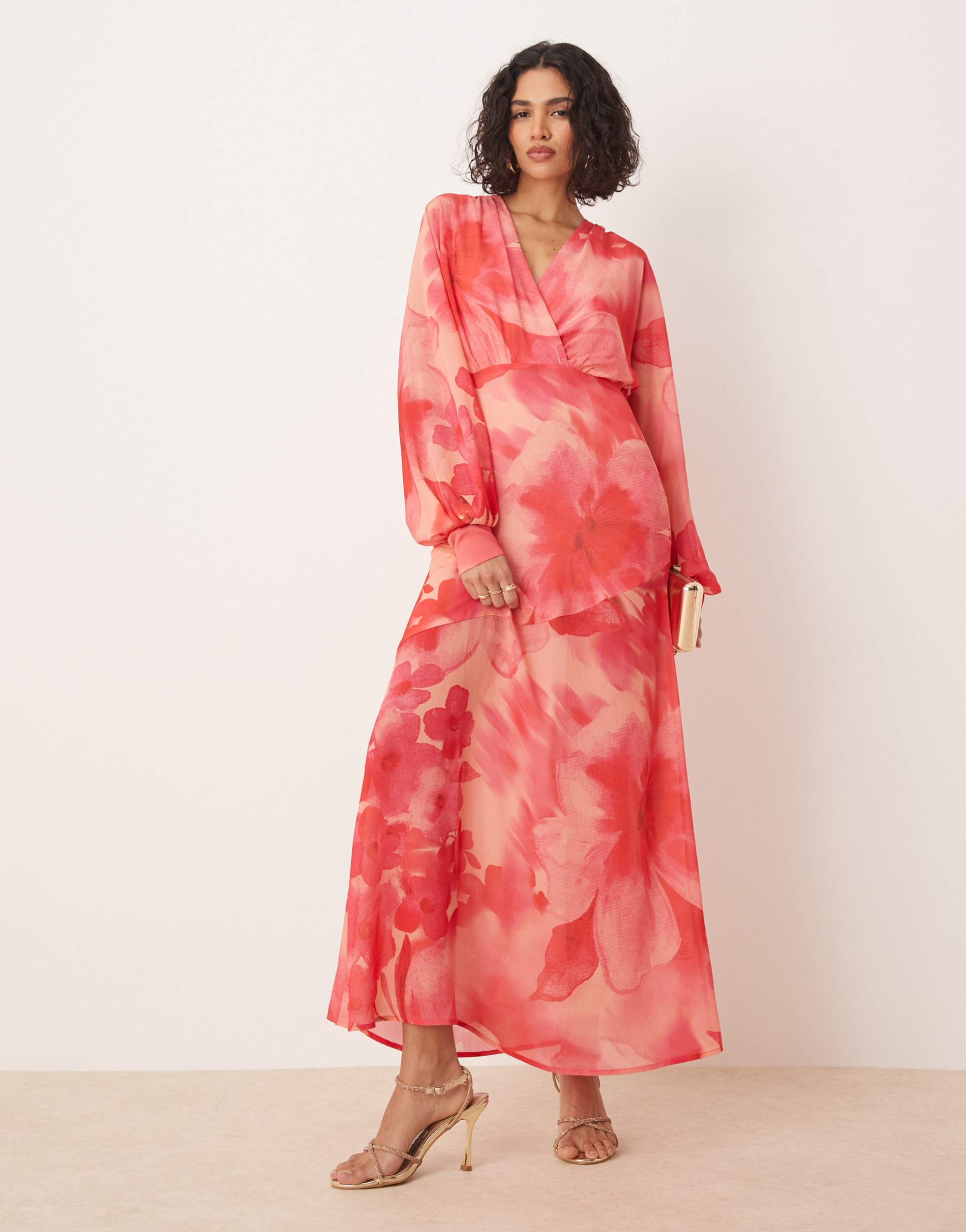 pretty lavish plunge balloon sleeve maxi dress in pink and red floral