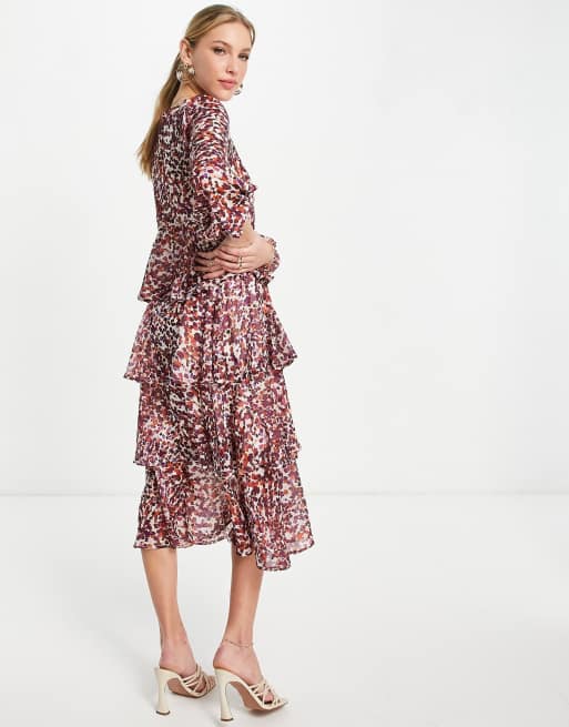 Pretty Lavish plunge front ruffle midi dress in pink print, 2 of 4