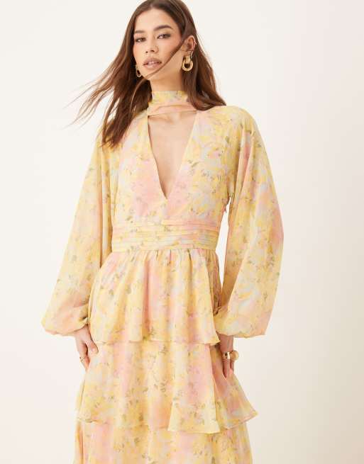 Pretty Lavish plunge ruffle maxi dress in bright abstract floral, 2 of 4