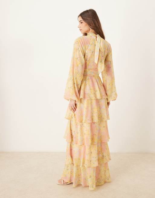 Pretty Lavish plunge ruffle maxi dress in bright abstract floral, 3 of 4