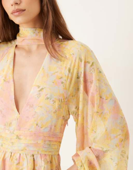 Pretty Lavish plunge ruffle maxi dress in bright abstract floral, 4 of 4