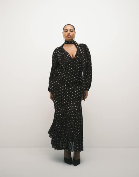 Pretty Lavish Plus chiffon scarf v neck maxi dress in brown polka dot - view 1