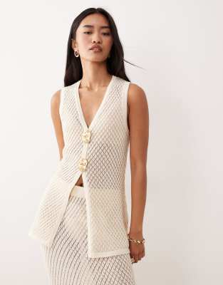Pretty Lavish Pretty Lavish pointelle knit waistcoat co-ord in cream-White