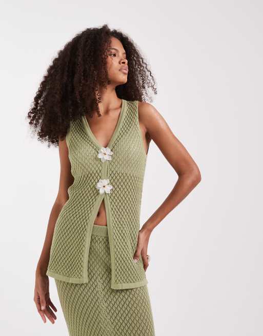 Pretty Lavish pointelle longline waistcoat and maxi skirt co-ord with floral broach in green, 3 of 3