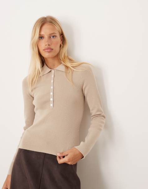 Pretty Lavish - Polo in maglia beige con bottoni - view 1