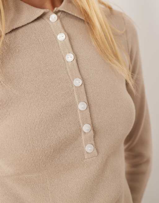 Pretty Lavish - Polo in maglia beige con bottoni, 4 di 4