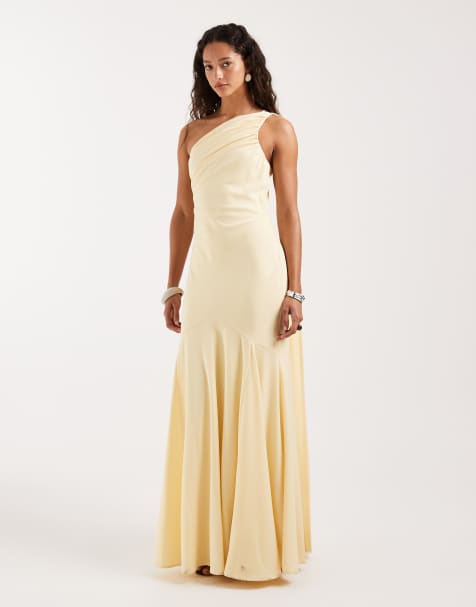 Pretty Lavish Porto matte satin one shoulder scarf neck maxi dress in lemon yellow - view 1