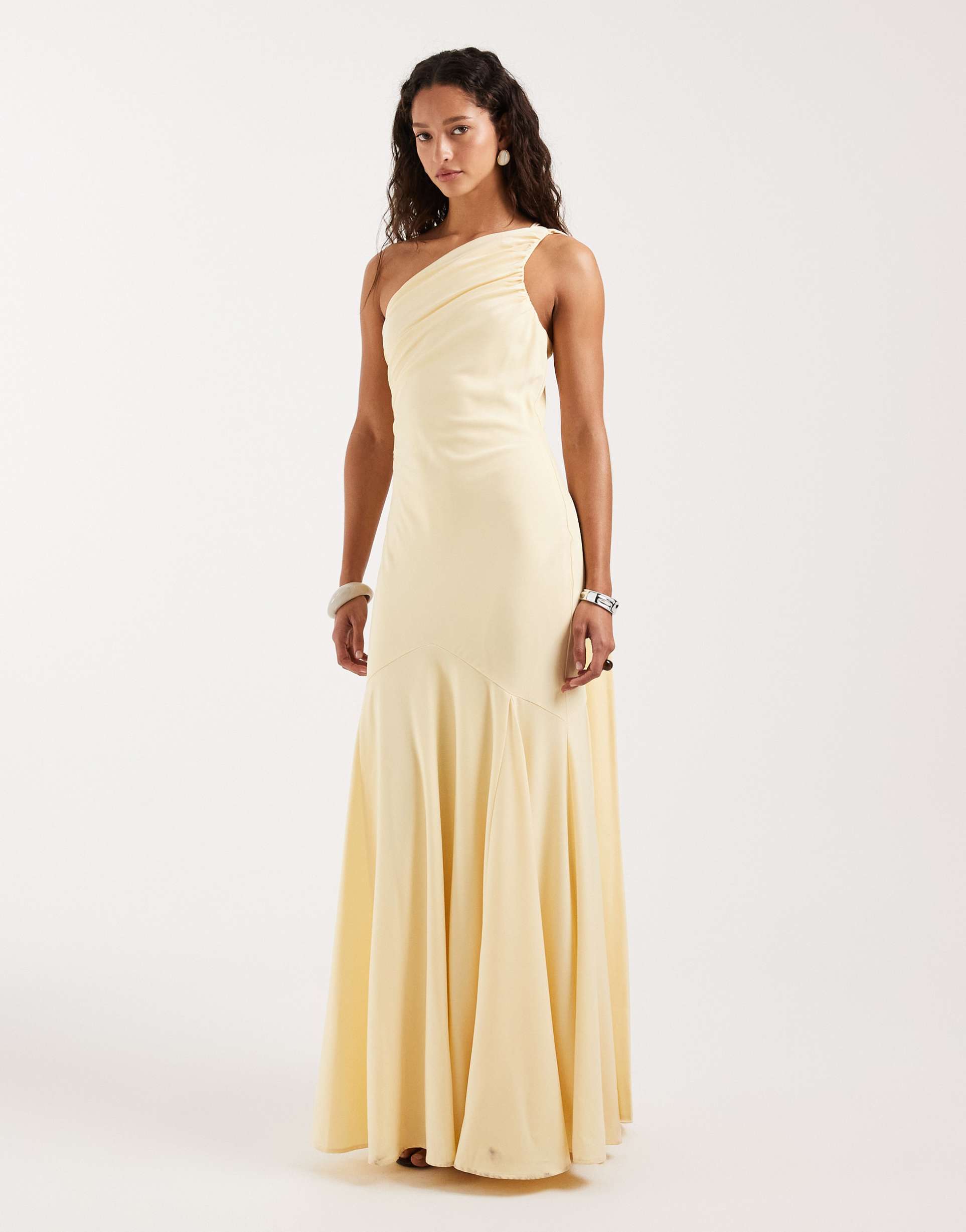 pretty lavish porto matte satin one shoulder scarf neck maxi dress in lemon yellow