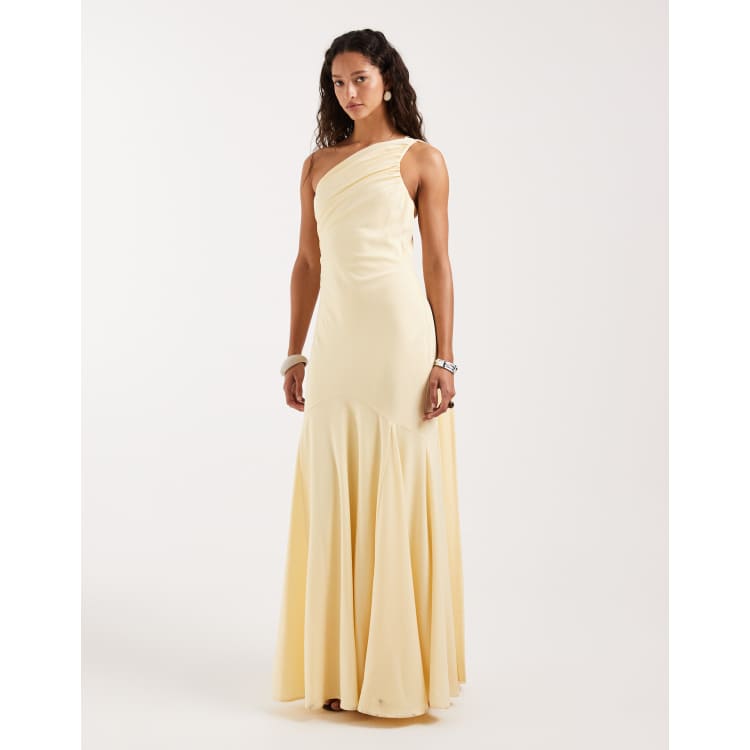 Pretty Lavish Porto matte satin one shoulder scarf neck maxi dress in lemon  | ASOS