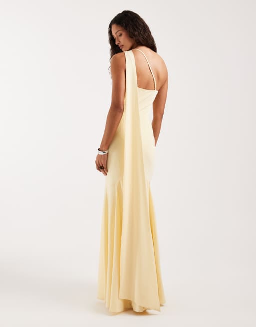 Pretty Lavish Porto matte satin one shoulder scarf neck maxi dress in lemon  | ASOS