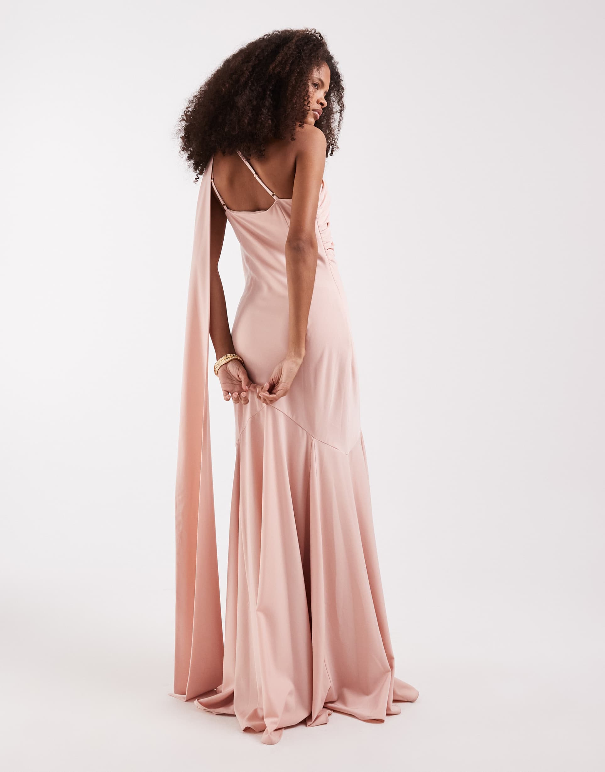 pretty lavish porto matte satin one shoulder scarf neck maxi dress in peachy blush