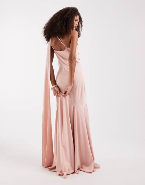 Pretty Lavish Porto matte satin one shoulder scarf neck maxi dress in peachy blush