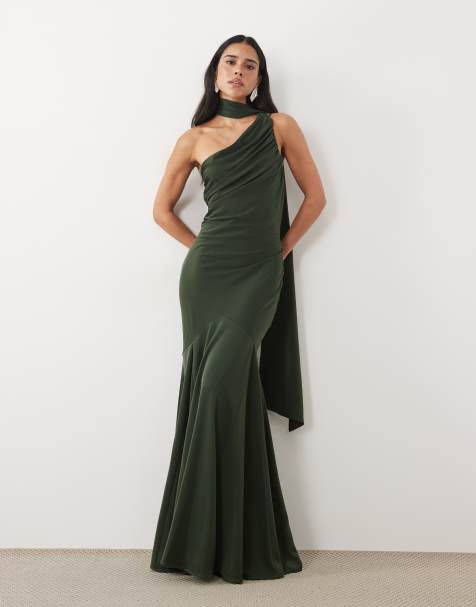 Pretty Lavish Porto robe longue asymétrique à col foulard en satin mat vert foncé - view 1