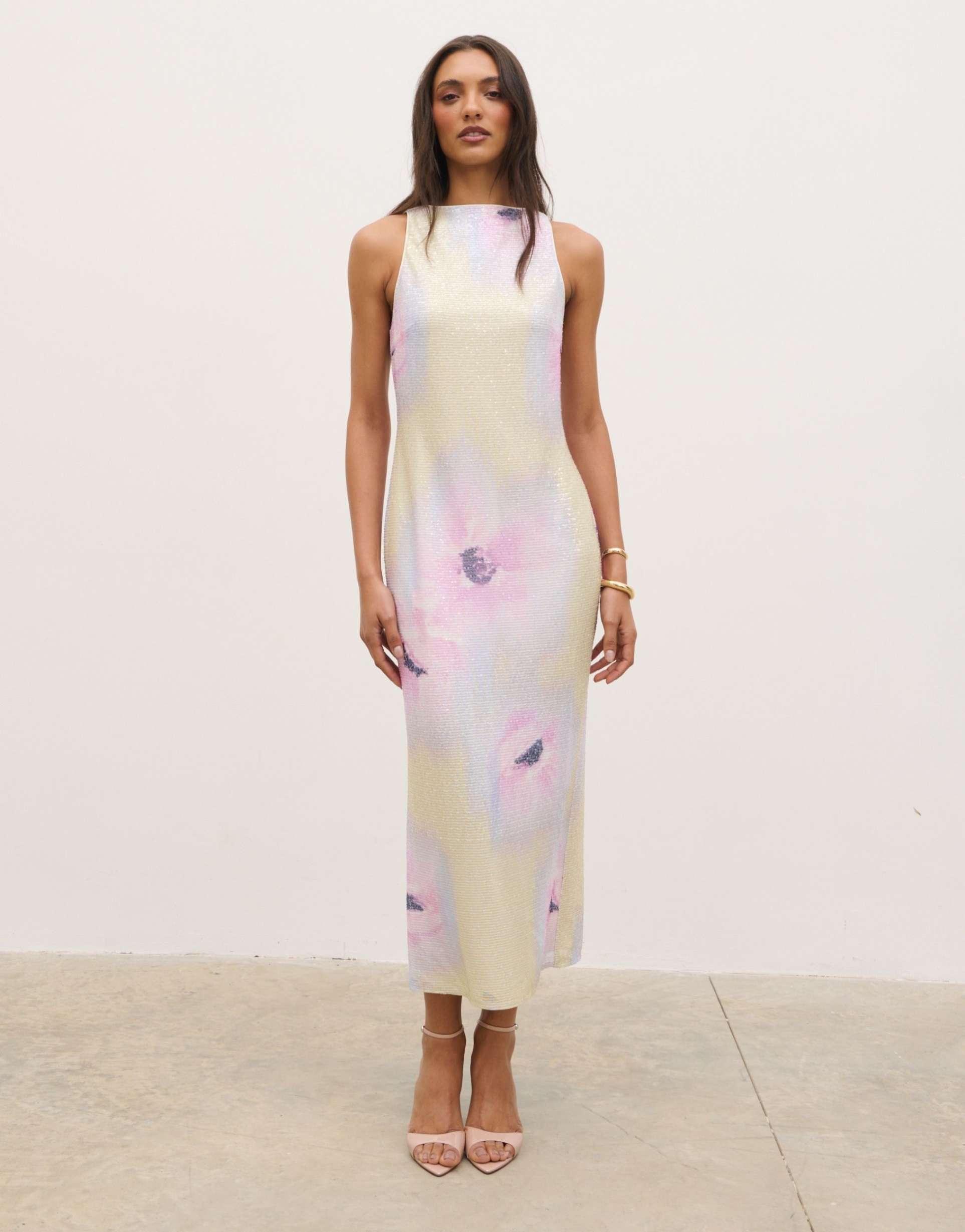 pretty lavish printed sequin midaxi dress in watercolor lemon floral