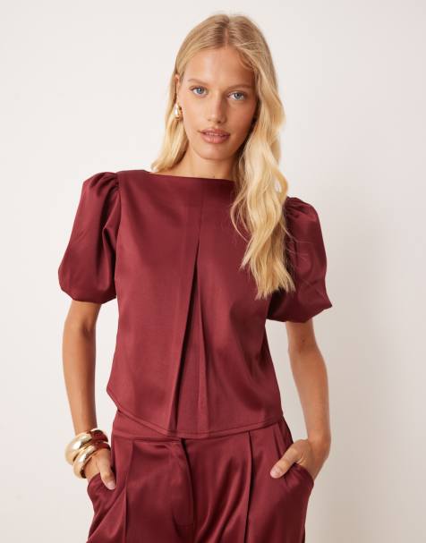 Pretty Lavish puff sleeve satin top in burgundy - part of a set - view 1