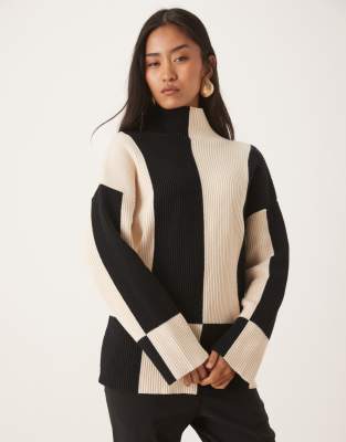 Pull col montant en maille côtelée à empiècements - Crème et noir-Multicolore M