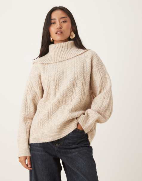 Pretty Lavish - Pull en maille torsadée à col roulé oversize - Beige - view 1