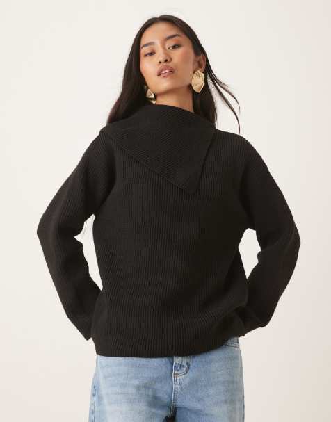 Pretty Lavish - Pull oversize en maille à col fendu - Noir - view 1