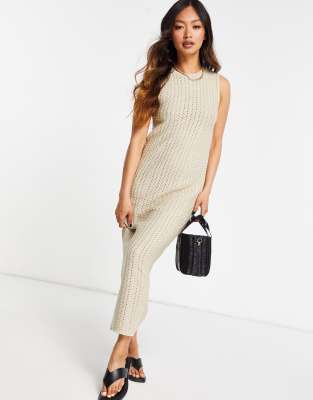 Pretty Lavish relaxed crochet knit midi dress in stone - ASOS Price Checker