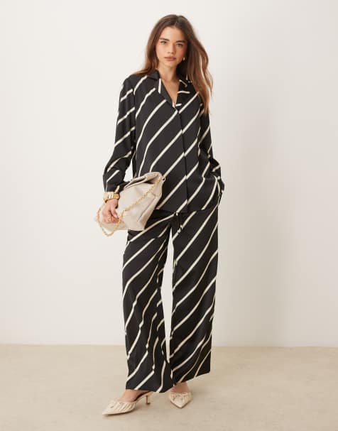 Pretty Lavish relaxed wide leg stripe pants in black and cream (part of a set) - view 1