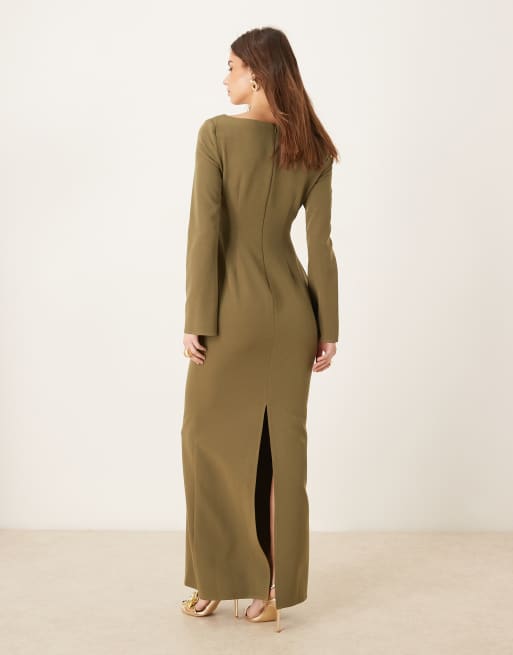 Pretty Lavish removable gold trim crepe maxi dress in olive, 3 of 4