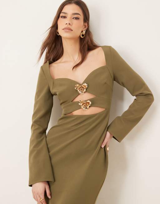 Pretty Lavish removable gold trim crepe maxi dress in olive | ASOS