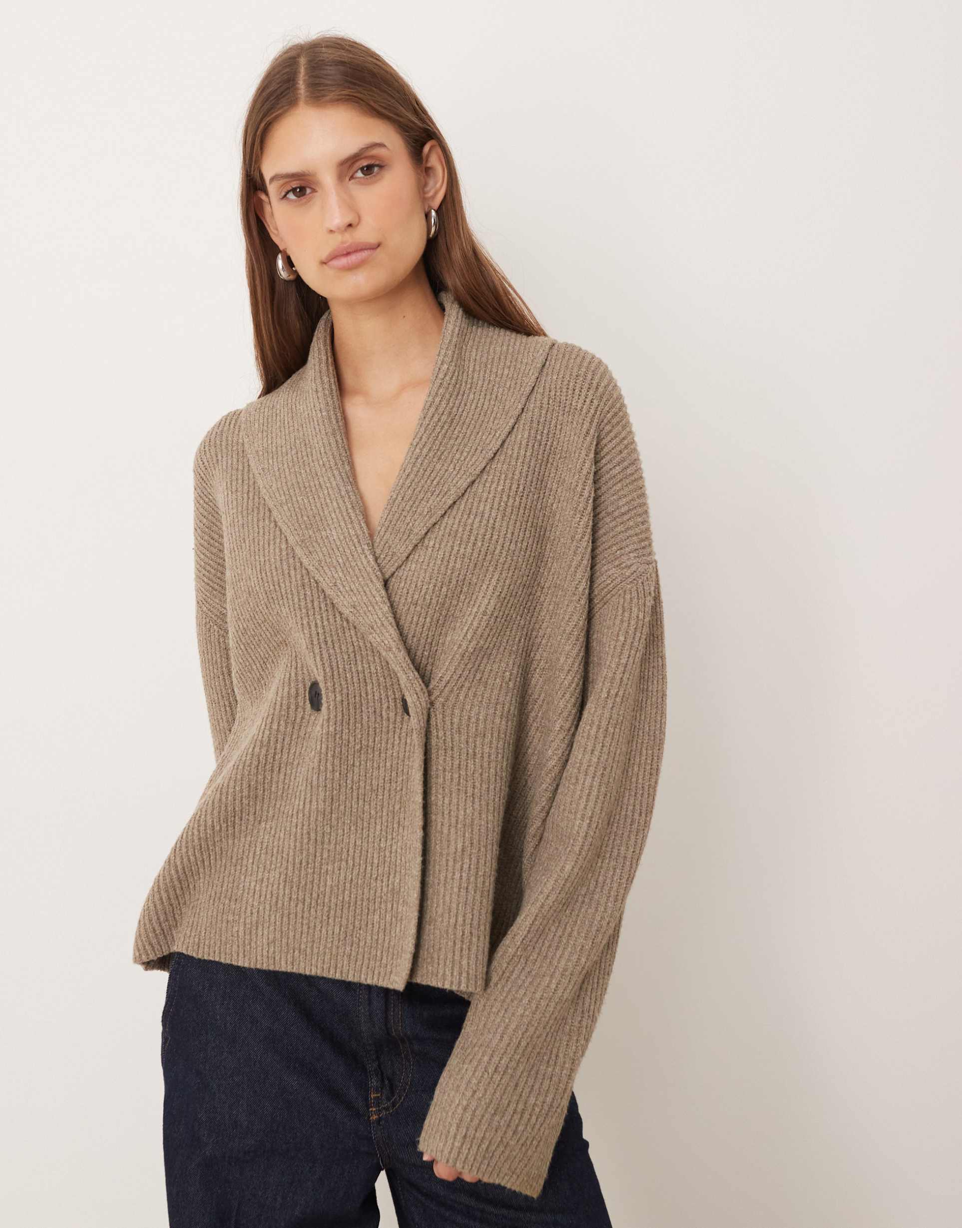 pretty lavish rib knit fold over collared cardigan in mushroom