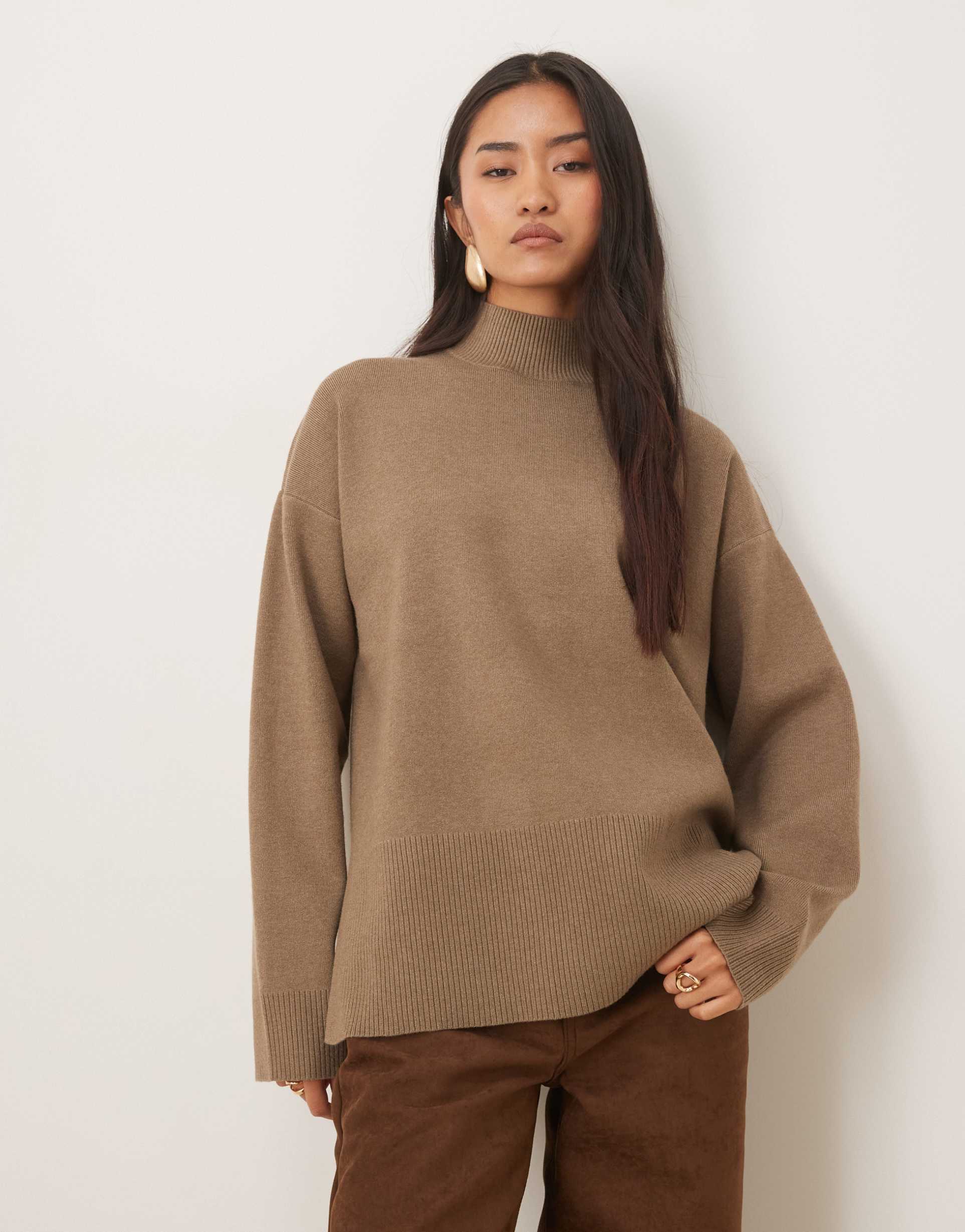 pretty lavish rib knit high neck sweater in taupe