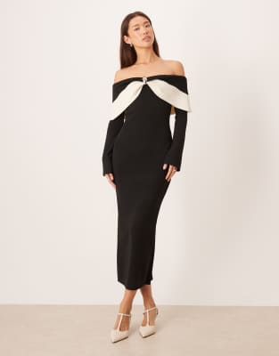 Pretty Lavish Rib Knit Off The Shoulder Contrast Bow Midaxi Dress In Black