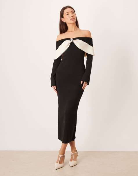 Pretty Lavish rib knit off the shoulder contrast bow midaxi dress in black - view 1