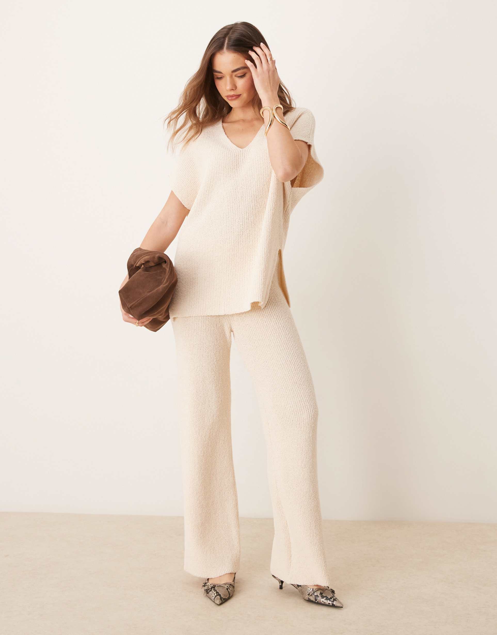 pretty lavish rib knit relaxed pants in cream - part of a set