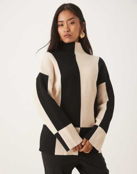 Pretty Lavish rib knit spliced high neck jumper in cream and black - view 1